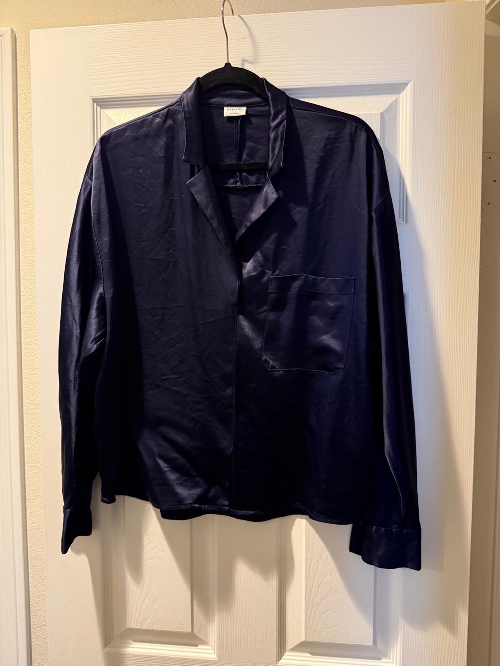 Babaton Navy Satin-Feel Long Sleeve Blouse